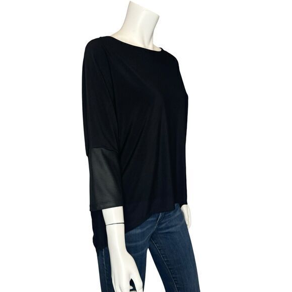 CLARA SUN WOO Size L Black 3/4 Dolman Sleeve Top Faux Leather Trim Minimalist - Picture 3 of 8
